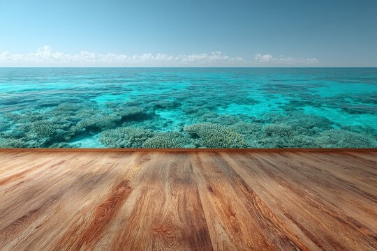 Wooden floor foreground with clear tropical ocean horizon and coral reef under blue sky, calm seascape view