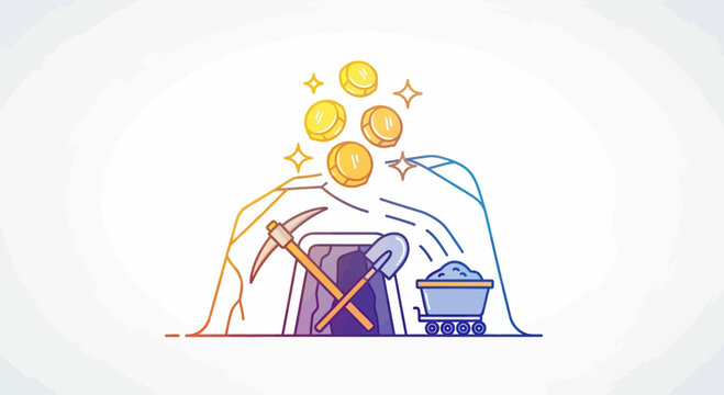 Cryptocurrency Mining Concept: Gold Coins Emerging from a Cave with Mining Tools