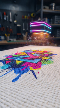 Macro of Glowing Digital Art Materializing on Premium Cotton Fabric Texture