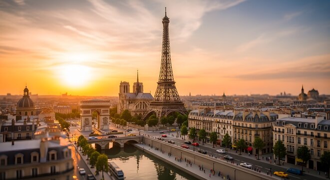 Parisian Sunset Over Eiffel Tower and Arc de Triomphe.