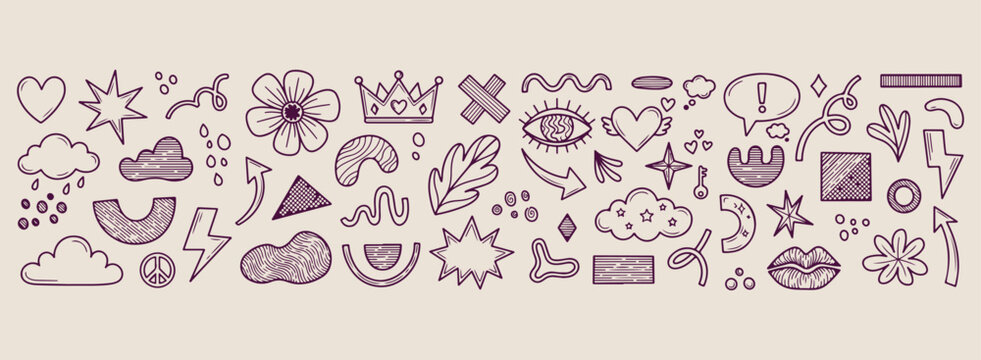 Minimal hand drawn abstract doodles set, creative crown eye heart line illustration, hand drawn celestial icons doodle background, expressive strokes star geometric elements, decorative hand drawn bla