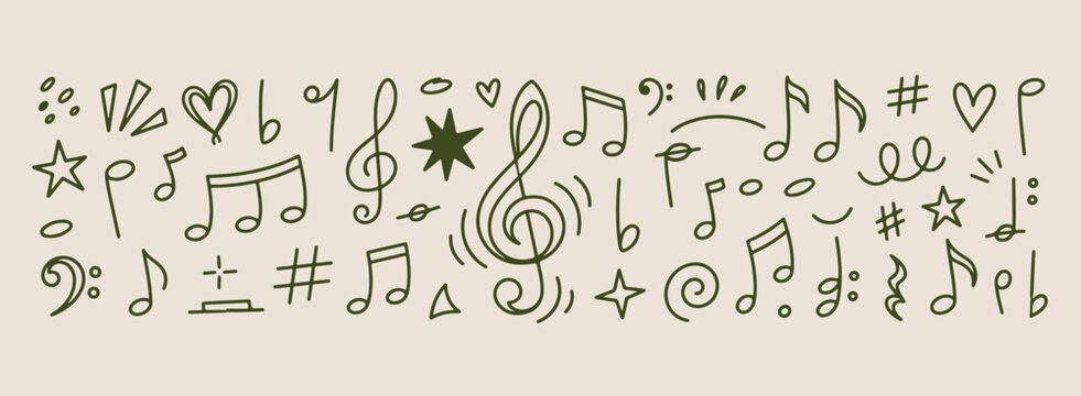 Minimal hand drawn musical notes set, green treble clef melody line illustration, hand drawn audio sound doodle background, expressive strokes acoustic tune elements, creative songwriting black line p