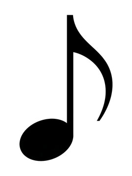 A single black eighth note symbol, a fundamental element in musical notation, is depicted against a plain white background.