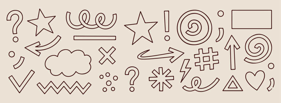 Minimal hand drawn comic accent marks set, abstract star question mark line illustration, hand drawn exclamation cross doodle background, expressive strokes curly arrow elements, creative geometric se