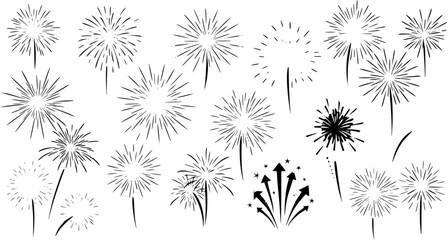 Black and White Fireworks Illustration Set: Bursting Celebration Elements © monack