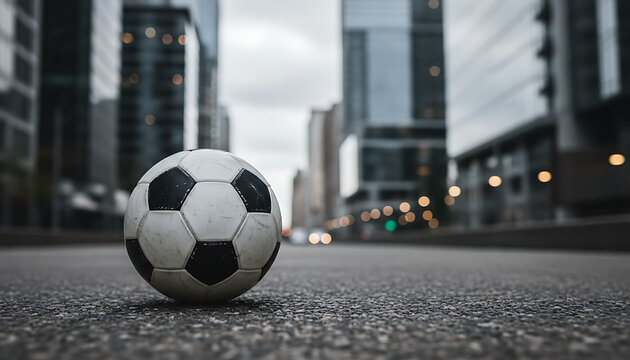 Generic soccer ball on dark textured city street with blurred skyscrapers background