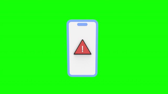 3d animation smartphone displaying a red warning alert icon on a green screen background, representing mobile danger, error notification, or security threat with alpha channel