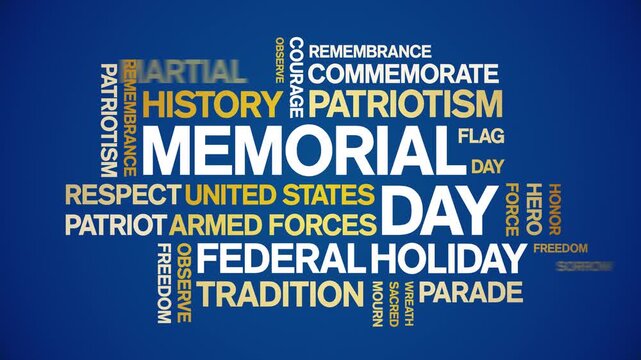 Memorial Day animated word cloud-text design animation tag kinetic typography seamless loop.