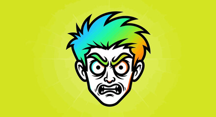 Obraz premium Angry Man Face with Spiky Rainbow Hair, Cartoon Style, Expressing Rage, Yellow Background