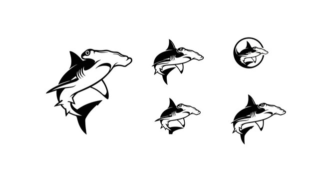 Hammerhead Shark Silhouette Collection - Striking Marine Predator Illustrations.