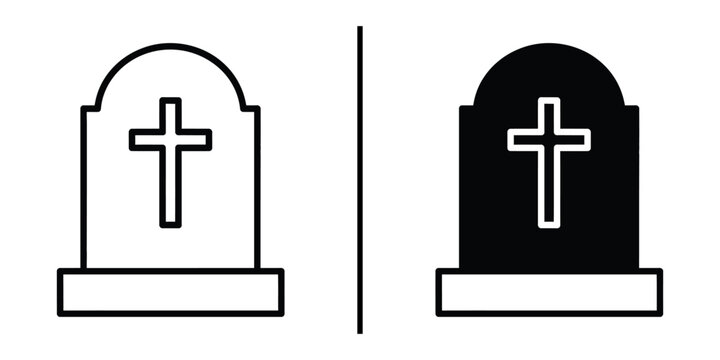 Tombstone icon set with christian cross outline and solid rip headstone vector illustration