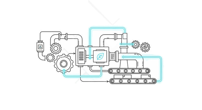 Technical drawing of a mechanical device with gears, pipes, and cogs on a white background in a line art style with a neutral and industrial mood.