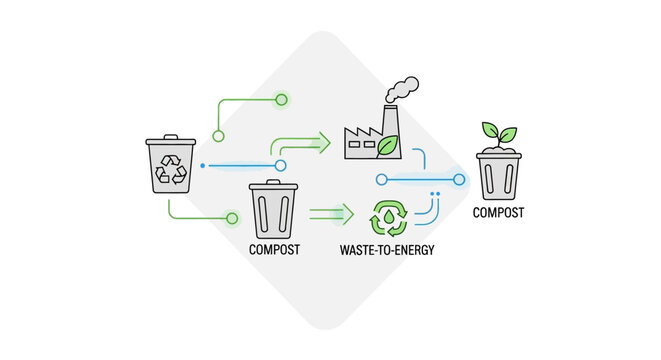 Infographic illustrating a waste management process with recycling, compost, and waste-to-energy flowcharts and icons on a white background.