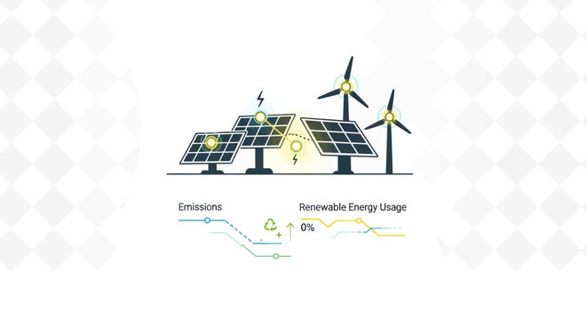 Infographic illustration of solar panels and wind turbines with decreasing emissions and increasing renewable energy usage graph on a transparent background.