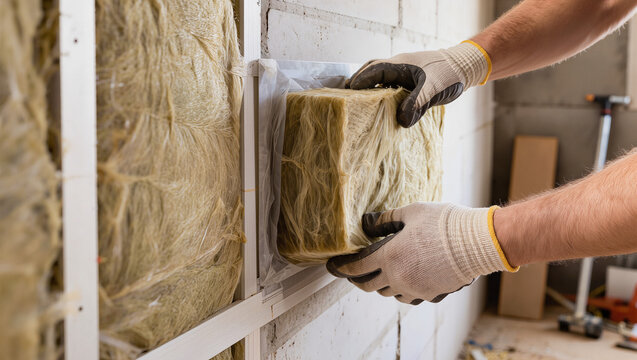 Construction worker hands wearing gloves installing mineral rock wool insulation between wall studs, energy efficient home building and thermal soundproofing renovation concept