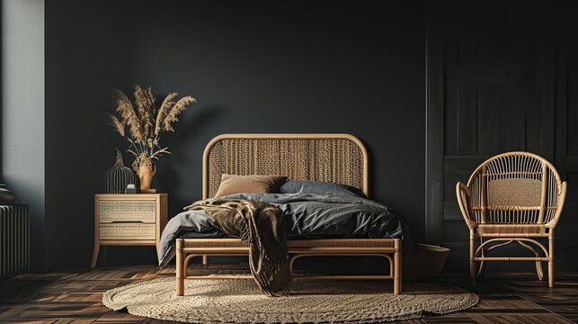 Warm moody bedroom with wooden bed frame, wicker headboard, and dried grasses accent decor