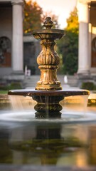 Naklejka premium A serene fountain in a park with columns and greenery