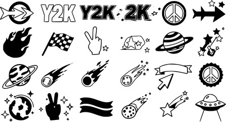 Y2K Aesthetic Doodle Set: Black and White Icons of the 2000s Fashion and Pop Culture. Arrows, Fire, Flags, Hands, Planets, Comets and UFOs © reno