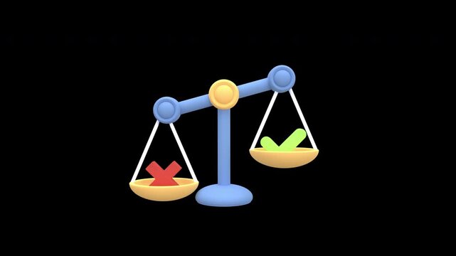 3d animation balance scale weighing a red cross and green checkmark, symbolizing decision making, ethics, justice, or evaluating right versus wrong with alpha channel