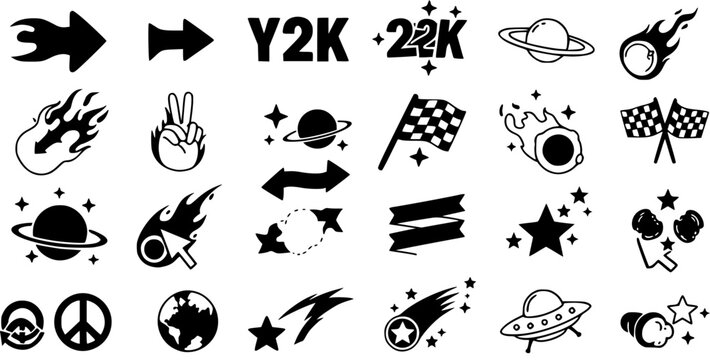 Y2K Sticker Set: Vector Black and White Graphic Elements - Retro Style, Planets, Stars, Arrows, and Space Themes