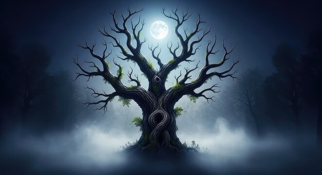 An ancient gnarled tree stands under a moonlit sky, its twisted branches reaching like claws through thick mist in a dark enchanted forest, creepy, textures, eerie