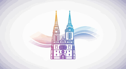 Fototapeta premium Zagreb Cathedral illustration, colorful outline, abstract wavy background