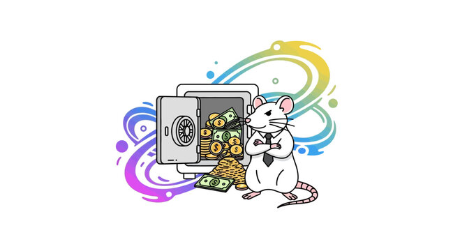White mouse in suit guarding a safe full of money and coins