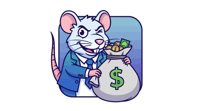 Winking Businessman Mouse Character Holding a Bag of Money