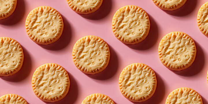 Round Shortbread Cookies Seamless Pattern on Pink Background