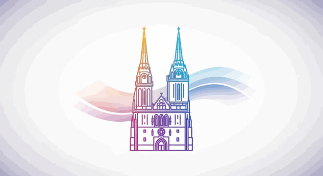 Zagreb Cathedral illustration, colorful outline, abstract wavy background