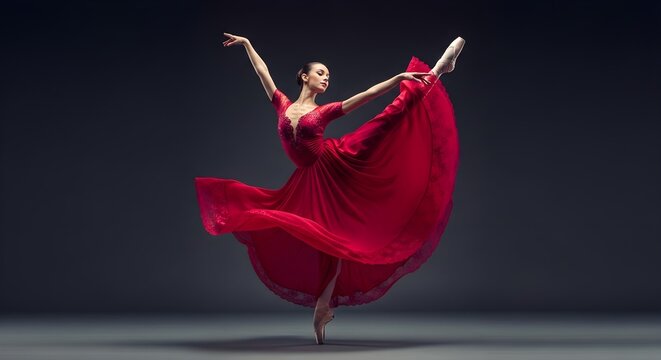 Elegant Ballerina in a Flowing Red Dress Performing a Graceful Dance.