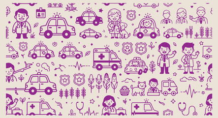 Minimal hand drawn emergency services pattern, cute cartoon police car line illustration, hand drawn ambulance doodle background, expressive strokes doctor nurse seamless art, emergency vehicle black  © pankaj