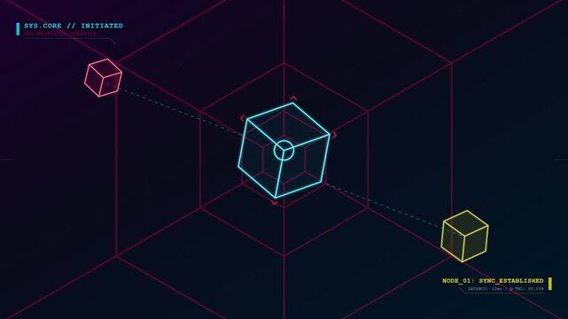 Abstract digital network core establishing sync with overriding protocol UI animation