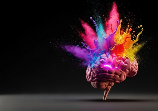 Human brain exploding with vibrant colorful paint and powder