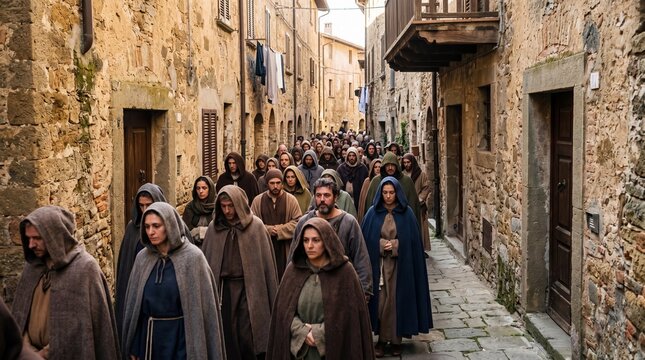 A large crowd of robed individuals walking through a narrow cobblestone street in an ancient village setting, evoking a sense of unity and tradition
