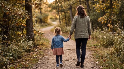 Fototapeta premium A child and an adult walking hand in hand through a serene forest path during autumn, surrounded by trees and soft light