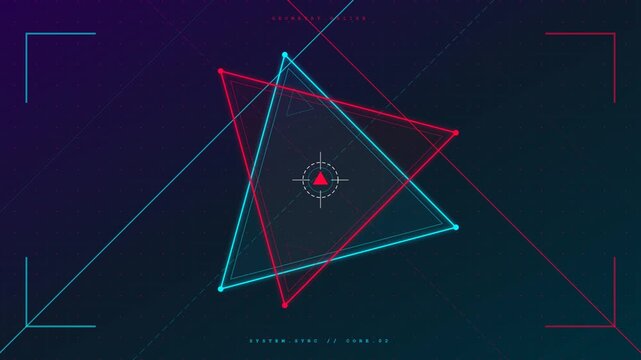 Abstract HUD interface with rotating red and cyan triangles aligning to form a star shape on a dark digital grid background with tech elements.