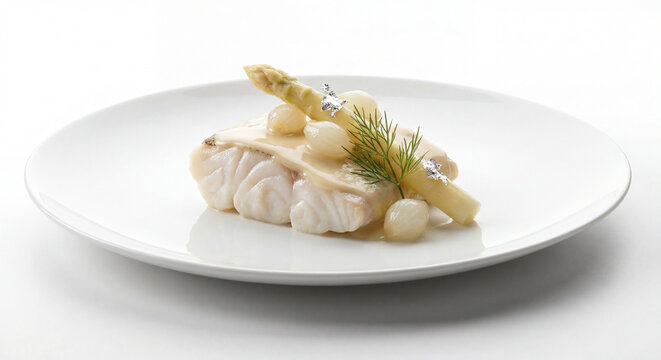 Fine Dining Poached Turbot Fillet with Champagne Veloute Sauce Asparagus Pearl Onions Dill and Edible Silver Leaf on White Plate White Background