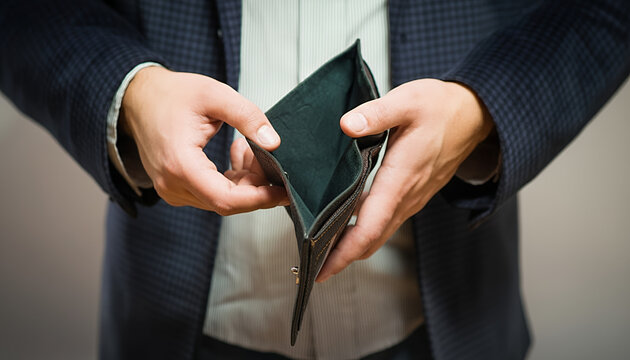 Man showing empty wallet in formal attire with disappointed expression
