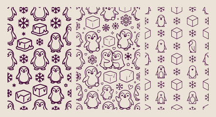Cute penguin winter pattern set, frosty arctic doodle sketch, minimalist penguin line art, clean winter illustration design, monoline bird vector art, isolated winter graphic asset, premium frost text © pankaj