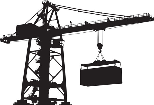 Black silhouette of a construction crane lifting a block