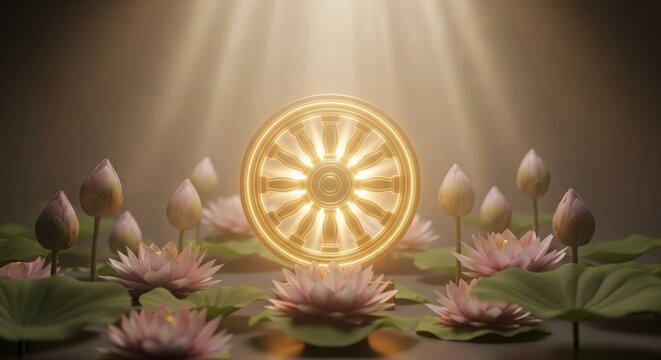 Golden Dharma Wheel Glowing with Lotus Flowers for Dharma Day, Warm Spiritual Buddhist Background with Radiant Light and Sacred Symbols