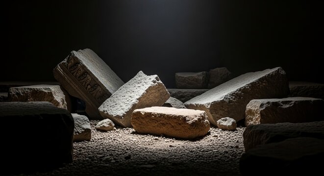 Tisha B'Av Background featuring broken temple stone fragments and ancient ruins with floating dust particles in cinematic dim light