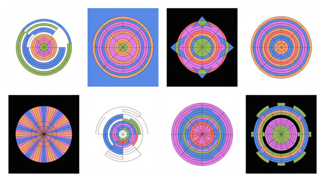 Colorful geometric mandala patterns with swirling designs and vibrant dots Vector