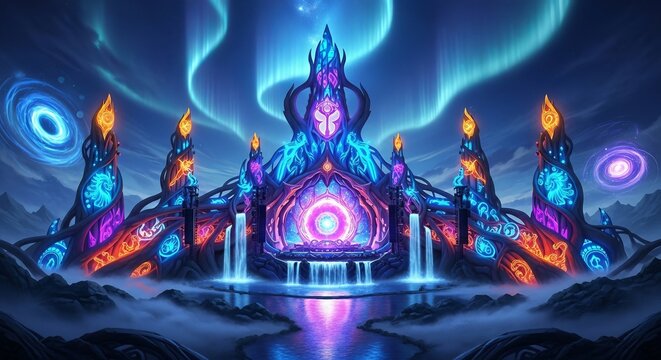 Futuristic Fantasy Music Festival Stage Design with Glowing Magical Structures and Vibrant Neon Lights, Epic Tomorrowland Background Style