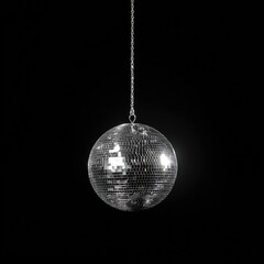 Obraz premium Glittering orb hangs from silver chain against a stark black background