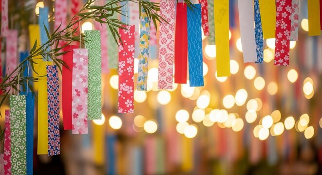 Tanabata Star Festival Background with Colorful Tanzaku Paper Strips Fluttering in Soft Breeze Under Magical Glowing Bokeh Lights