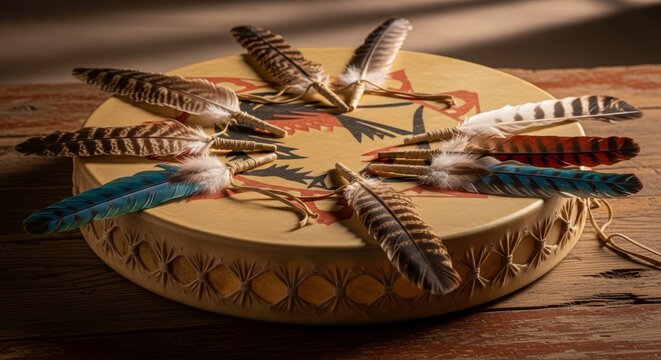 Native American Ceremonial Pow Wow Drum with Feather Accents Resting on a Dark Rustic Wooden Surface, Indigenous Cultural Heritage Background