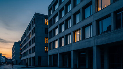 Obraz premium Modern concrete office building at dusk with illuminated windows and dramatic sky