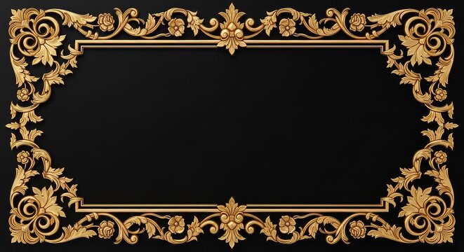 Elegant golden baroque border with intricate victorian scrollwork and floral arabesque patterns set against a deep luxurious black backdrop, corner, golden, border